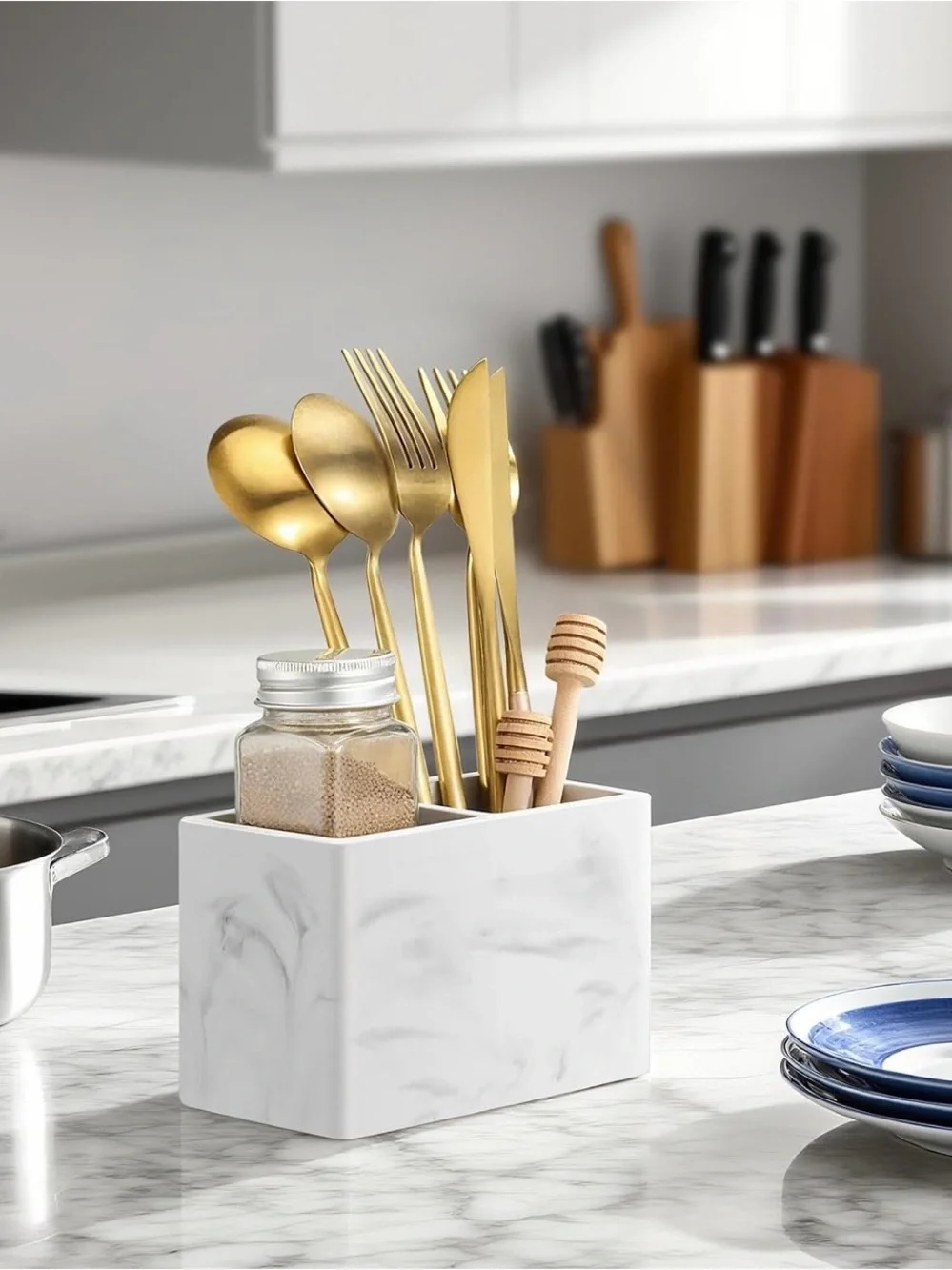 BINO Marble Multi-Purpose 2 Compartment Organizer - Elegant Makeup Brush & Tooth